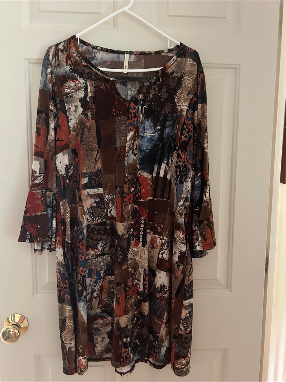 Voll abstract Print dress in Size L Brown Orange Blues with 3/4 bell sleeves